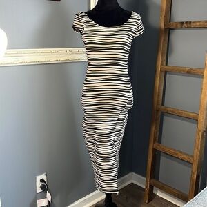 Brat Star Body Contouring Striped Dress Cap Sleeve Flattering Ruched Detail NWT